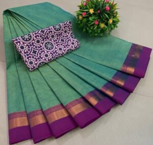 Weaves of Chettinadu – Handloom 80 count-5.5m saree-100% cotton-Green with Purple Border-Readystock