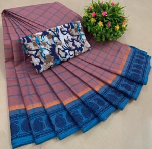 Weaves of Chettinadu – Handloom 80 count-5.5m saree-100% cotton-Pink with Blue Border-Readystock