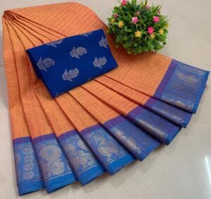 Weaves of Chettinadu – Handloom 80 count-5.5m saree-100% cotton-Orange with Blue Border-Readystock