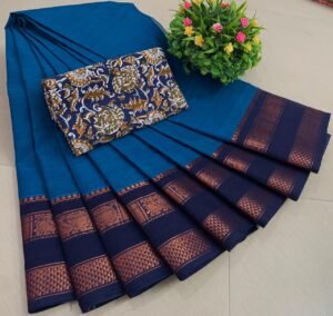 Weaves of Chettinadu – Handloom 80 count-5.5m saree-100% cotton-Blue with Navy border-Readystock