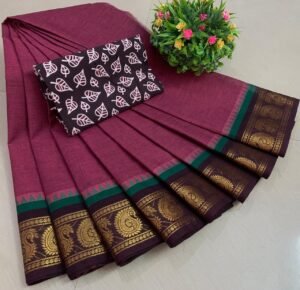 Weaves of Chettinadu – Handloom 80 count-5.5m saree-100% cotton-Dark Pink-Readystock