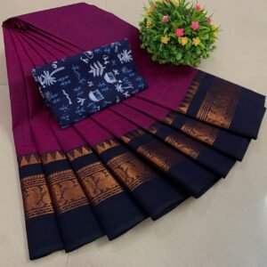Weaves of Chettinadu – Handloom 80 count-5.5m saree-100% cotton-Dark Purple with Blue Border-Readystock