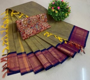 Weaves of Chettinadu – Handloom 100% cotton-6.5m saree- Green with Red Border-Readystock