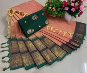 Weaves of Chettinadu – Handloom 100% cotton-6.5m saree- Orange with green border-Readystock