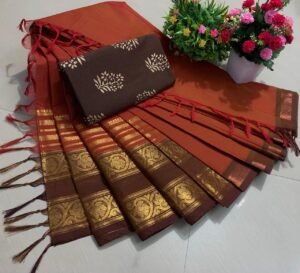 Weaves of Chettinadu – Handloom 100% cotton-6.5m saree – Orange with brown border-Readystock