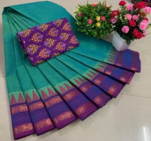 Weaves of Chettinadu – Handloom 80 count-5.5m saree-100% cotton-Green with Purple Border-Readystock