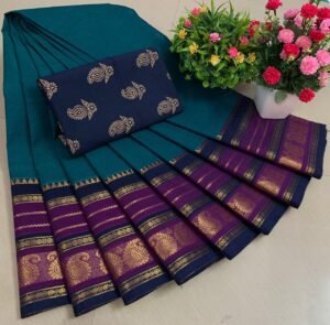 Weaves of Chettinadu – Handloom 80 count-5.5m saree-100% cotton-Dark Green-Readystock