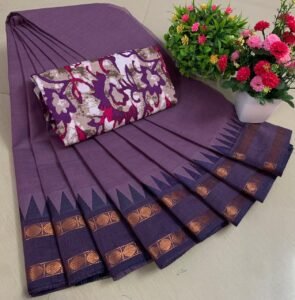 Weaves of Chettinadu – Handloom 80 count-5.5m saree-100% cotton-Purple-Readystock