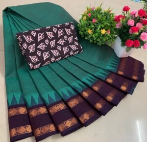 Weaves of Chettinadu – Handloom 80 count-5.5m saree-100% cotton-Green with Chocolate border-Readystock