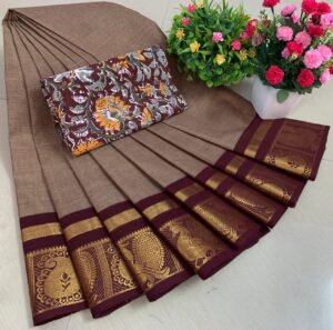 Weaves of Chettinadu – Handloom 80 count-5.5m saree-100% cotton-Brown with Gold Border-Readystock