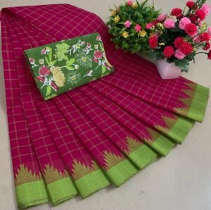 Weaves of Chettinadu – Handloom 80 count-5.5m saree-100% cotton-Pink with Green Border-Readystock