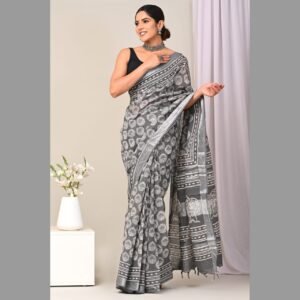 Linen Saree Hand block printed Readystock