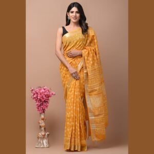 Linen Saree Hand block printed Readystock