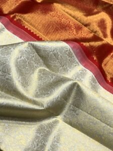 “The Bridal Glow”-Pure Kanchipuram Handwoven Silk Sarees Cream/Red combinations-Pre order