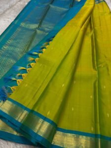 Pure handloom Kanchipuram silk sarees-Silk mark certified-Green with Blue combination