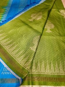 Royal Peacock Elegance Tussar Silk with Print with running blouse- Green with Blue combination