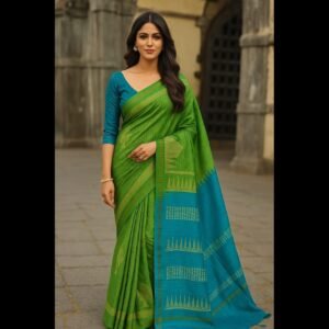 Tussar Silk with Print- Green with Blue combination Preorder