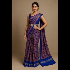 Binny Silk printed Saree with trending Printed Saree with Contrast Printed Blouse-Blue Preorder
