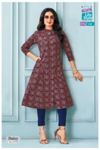 Pure Cotton Geometric Printed A-Line Long Kurtis With Pocket