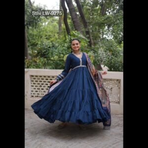 Gown and Duppatta Roman Fabrics With Frill Stitching and mirror lace work Size L (40″) Free Size (User Can Alter Upto 44″)
