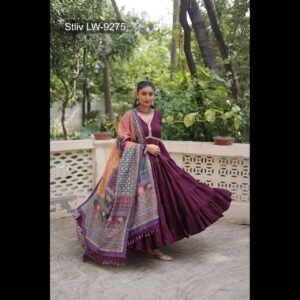 Gown and Duppatta Roman Fabrics With Frill Stitching and mirror lace work Size L (40″) Free Size (User Can Alter Upto 44″)
