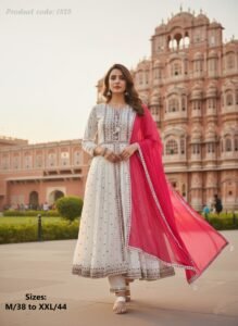 Premium Rayon Heavy Embroidery Front Slit Anarkali Salwar Suit with Pants and Pure Chiffon Dupatta Sizes: M/38, L/40, XL/42 & XXL/44