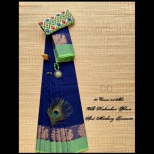 Peacock Kalamkari Saree-5.5m 80 count saree- Navy Blue with green combination Readystock