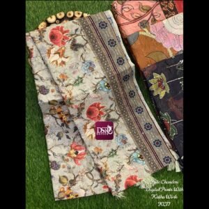 Pure Chanderi Sarees- Digital print with kantha work-Grey